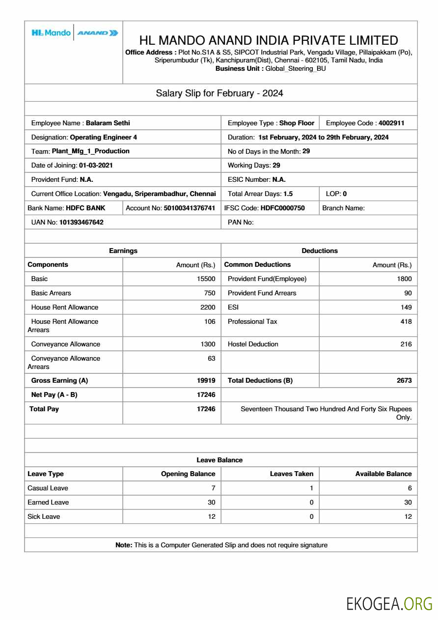 Modèle de fiche de salaire du fabricant HL Mando Anand India aux formats Word et PDF.pdf, 1